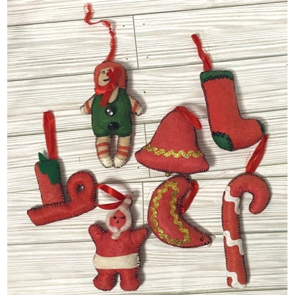 Handcrafted Felt Christmas Ornaments Set Of 7 With Santa & Elf Designs 1950's